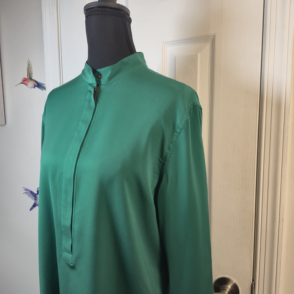 Lauren Ralph Lauren Emerald Green Satin Blouse Band Collar Half Zip Officecore L - Picture 5 of 9